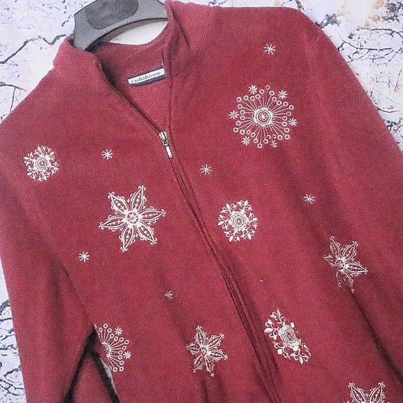 BURGUNDY SNOWFLAKES JACKET L Croft Barrow Red Silver Embroidered Holiday Winter - Picture 1 of 10